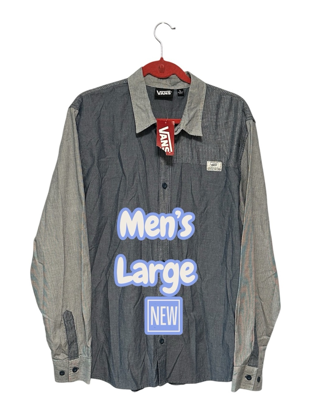 Men’s Van’s Off The Wall Large Button Up Shirt Blue Gray Logo Pocket Cotton NWT - Picture 3 of 11